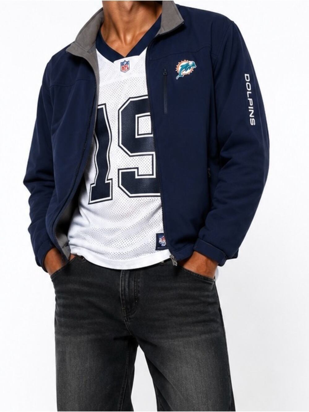 NGL Miami Dolphins Navy Softshell Jacket with Team Logo Full Zip Size XXL